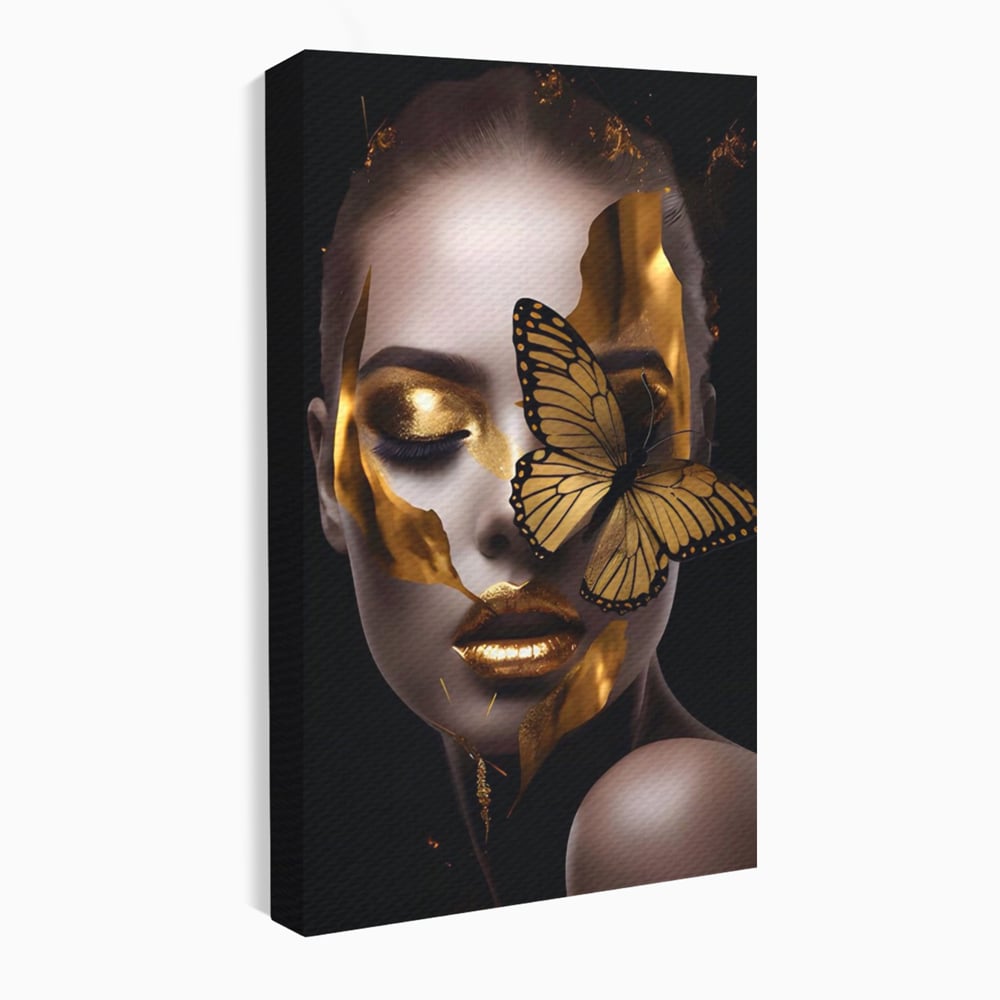 Tablou canvas cu tablou canvas cu portret de femeie si fluture auriu, fara rama, pe sasiu de lemn